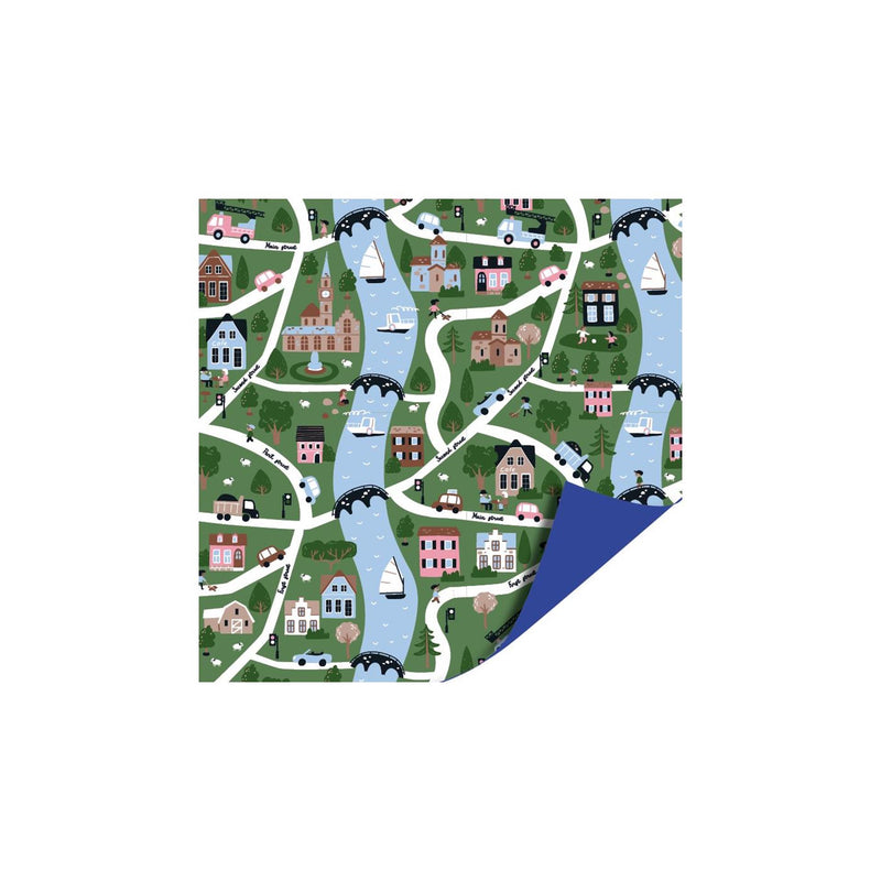 Load image into Gallery viewer, Kassaplan coated cadeaupapier dubbelzijdig 50cm 100m my little village blauw