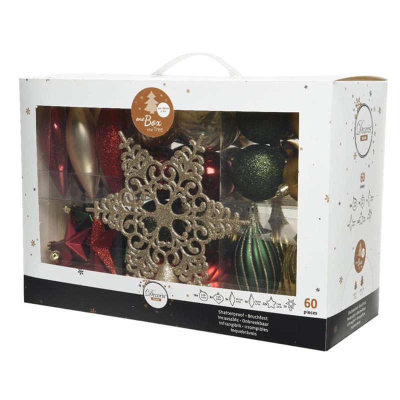 Afbeelding laden in galerijviewer, Decoris onbreekbaar kerstballenset 59 assorti ballen met 1 piek pine green ossenbloed lichtgouden parel