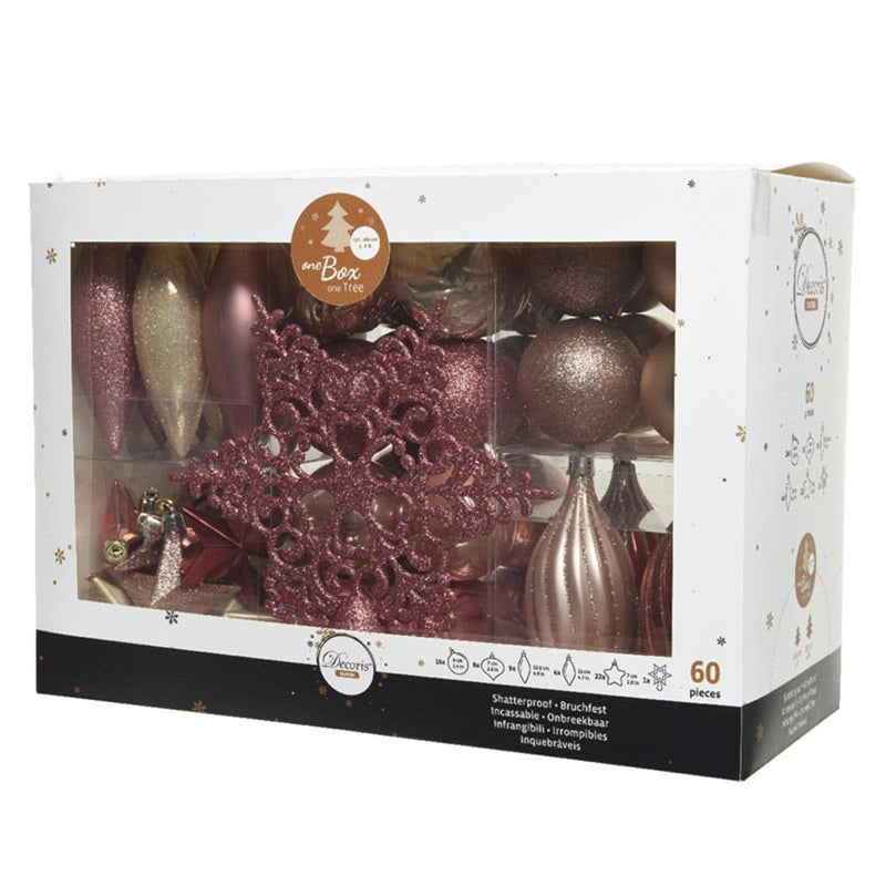 Load image into Gallery viewer, Decoris onbreekbaar kerstballenset 59 assorti ballen met 1 piek. velvet pink blush pink parel