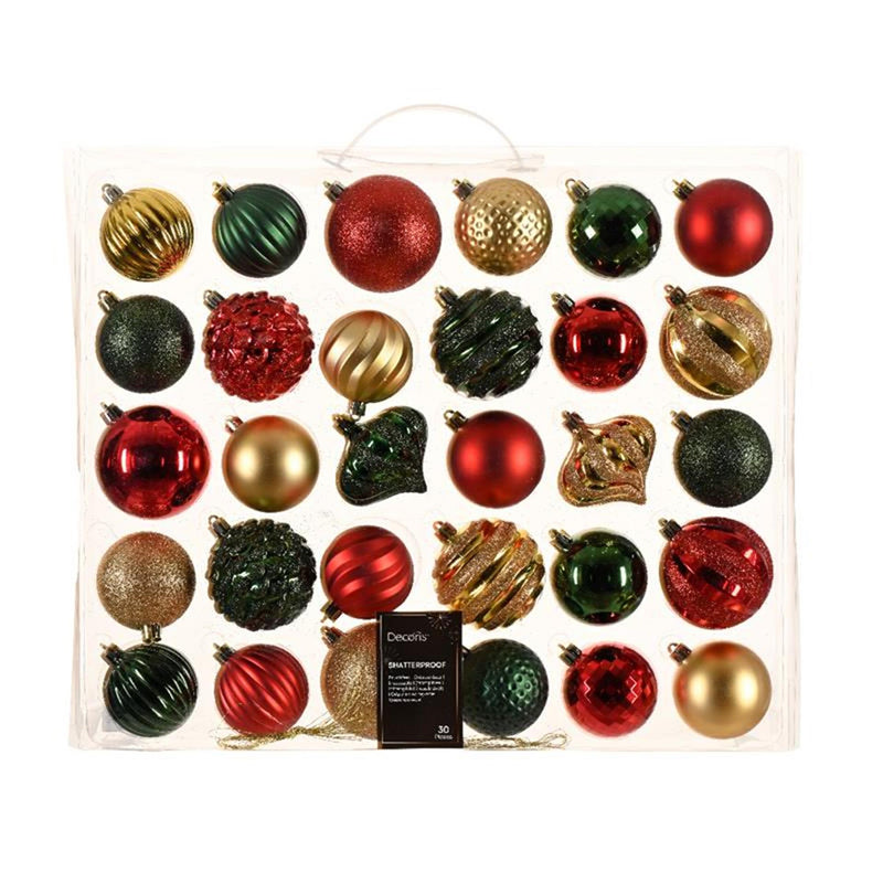 Afbeelding laden in galerijviewer, Decoris kerstballen kunststof in box a 30 stuks| in de kleuren rood-groen-goud in verschillende maten en vormen.