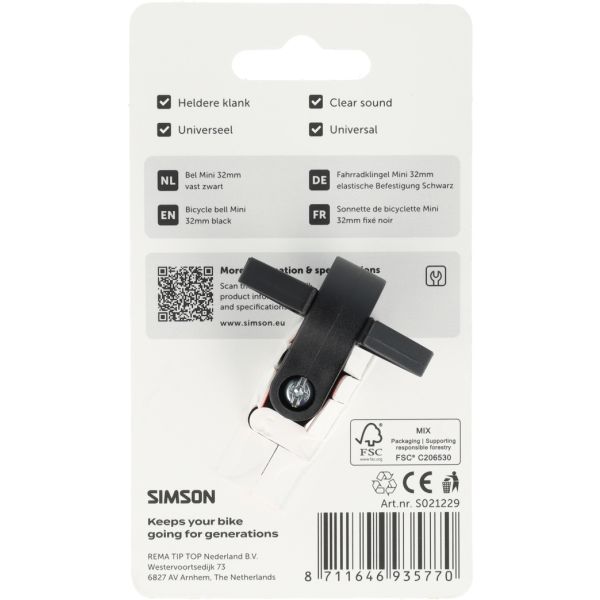 Afbeelding laden in galerijviewer, Simson fietsbel mini 32mm met vaste kunststof bevestiging - zwart