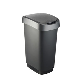 Load image into Gallery viewer, Rotho twist afvalbak met swingdesksel 50l - zwart zilver - bpa-vrij - incl 6 sticker voor diverse afvalstromen