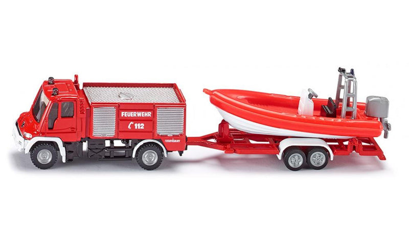 Load image into Gallery viewer, Siku 1636 unimog brandweer met boot 167x29x42mm