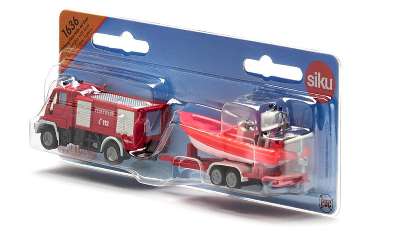 Load image into Gallery viewer, Siku 1636 unimog brandweer met boot 167x29x42mm