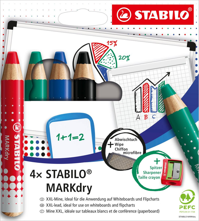 Afbeelding laden in galerijviewer, Stabilo markdry set van 4 whiteboard potloden, puntenslijper en reinigingsdoekje