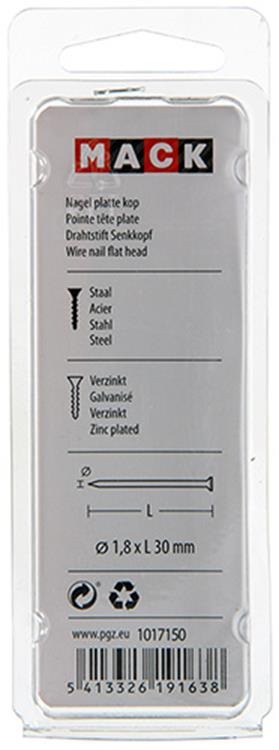 Load image into Gallery viewer, Mack 1017150 - nagel platte kop staal verzinkt 100 gr 1,8 x 30 mm | 5 stuks