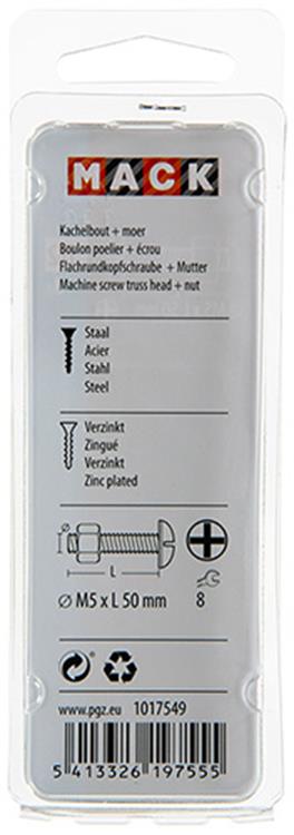 Afbeelding laden in galerijviewer, Mack 1017549 - kachelbout + moer staal verzinkt 8 st m5 x 50 mm | 5 stuks