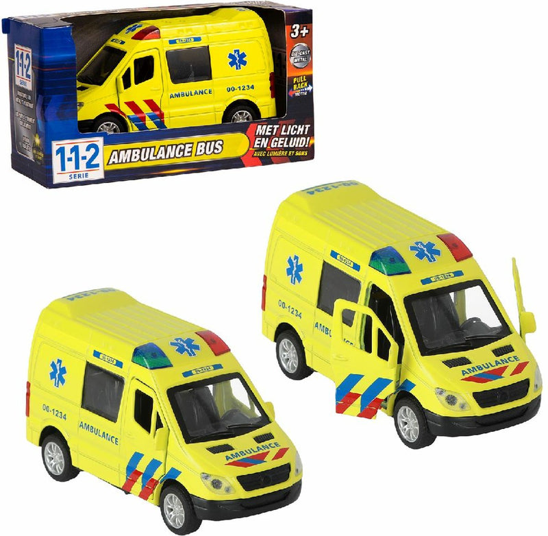 Afbeelding laden in galerijviewer, 112 pull-back ambulance bus 1:34 + licht en geluid