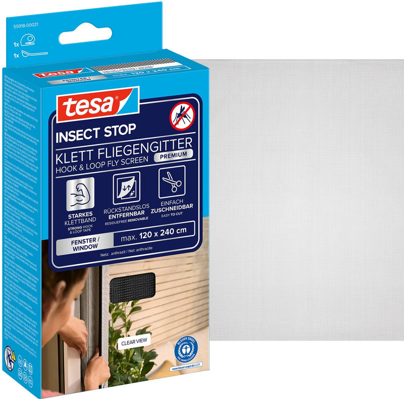Load image into Gallery viewer, Tesa insect stop h l fly screen premium for windows - hor met sterke klittenband, verwijderbaar zonder resten, op maat snijden - 120 x 240 cm - antraciet (transparant)