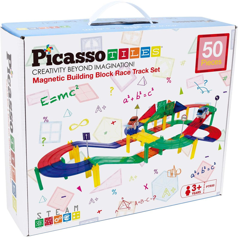 Load image into Gallery viewer, Picasso tiles tactic - constructiespeelgoed - magnetic tiles - magnetische tegels - race track - stem speelgoed - magnetische racebaan met 2 led auto's - 50-delig - vanaf 3 jaar