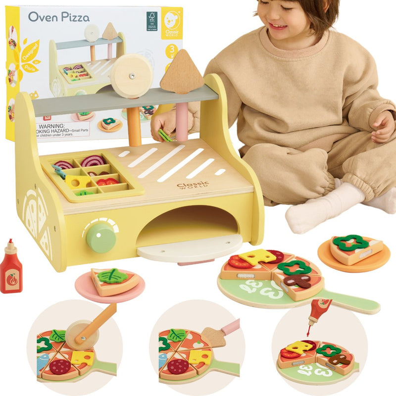 Afbeelding laden in galerijviewer, Classic world houten speelgoed pizzaoven speelset met accessoires.