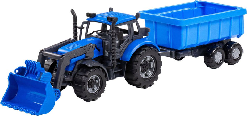 Load image into Gallery viewer, Cavallino tractor met lader en aanhang kiepwagen blauw, schaal 1:32