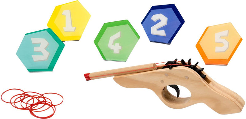 Load image into Gallery viewer, Bs toys schiet 'm! elastiekpistool - hout - coördinatiespel - vanaf 6 jaar - 5 targets