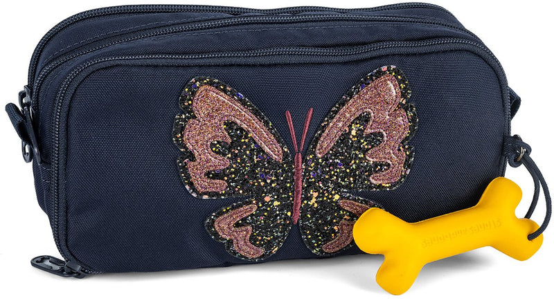 Load image into Gallery viewer, Stones and bones rowan 2.0 - etui - pennenzak voor kinderen - 3 vakken - glitter butterfly - donkerblauw