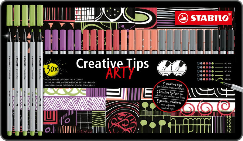 Afbeelding laden in galerijviewer, Stabilo creative tips arty pennen pastel kleuren in metalen etui - 30dlg.