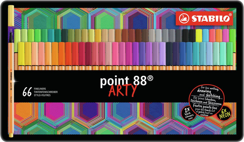 Afbeelding laden in galerijviewer, Stabilo point 88 - premium fineliner - fine 0,4 mm - metalen etui met 66 stuks - met 65 verschillende kleuren
