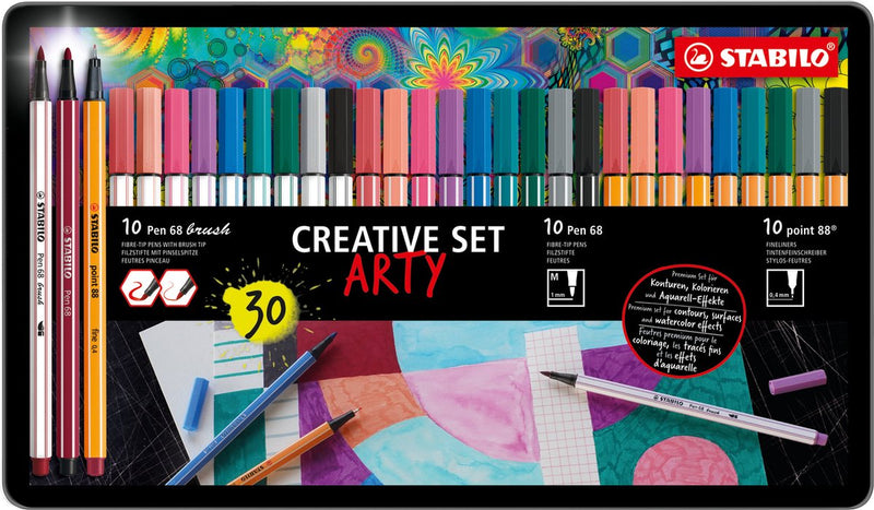 Afbeelding laden in galerijviewer, Stabilo arty creative set pen 68 stiften en point 88 fineliners in metalen etui - 30dlg.