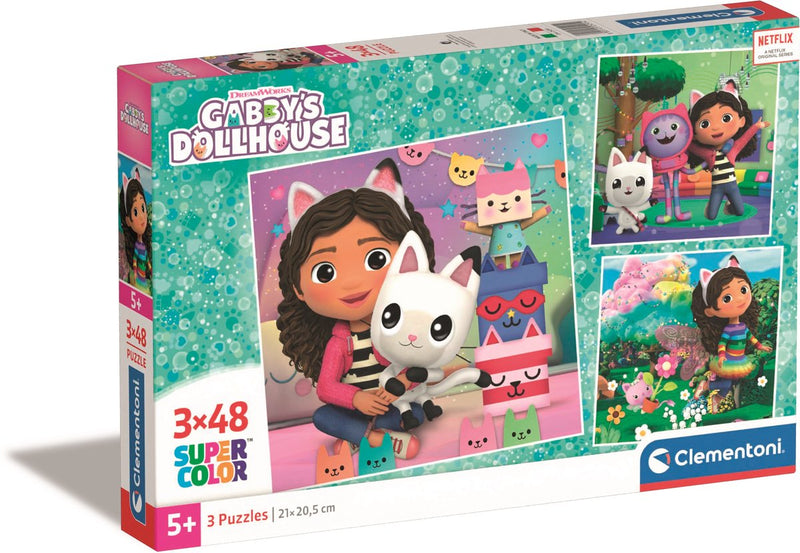 Afbeelding laden in galerijviewer, Clementoni legpuzzel super color vierkant gabby's poppenhuis, 3x48st.