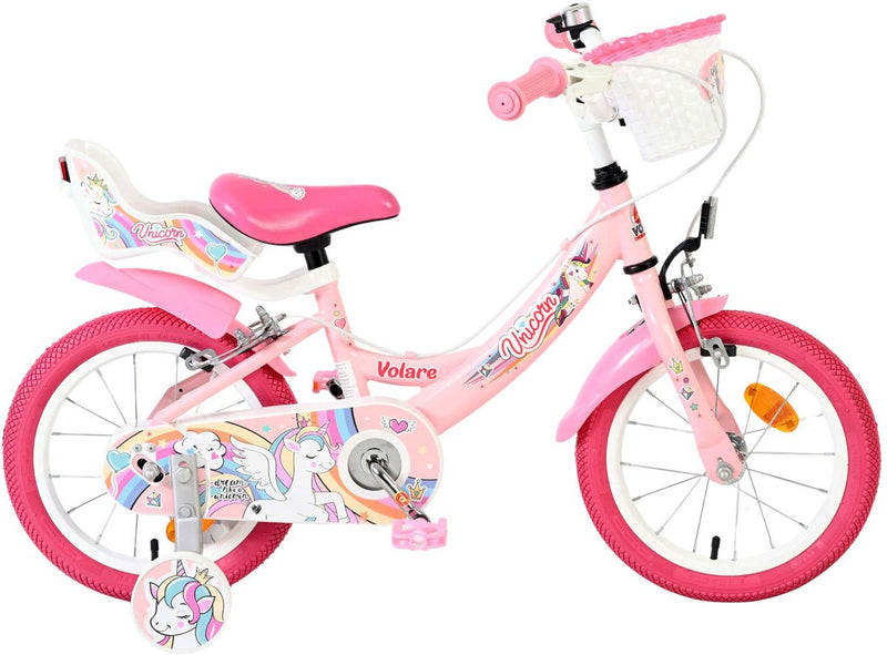 Afbeelding laden in galerijviewer, Volare unicorn kinderfiets - meisjes - 14 inch - roze - twee handremmen