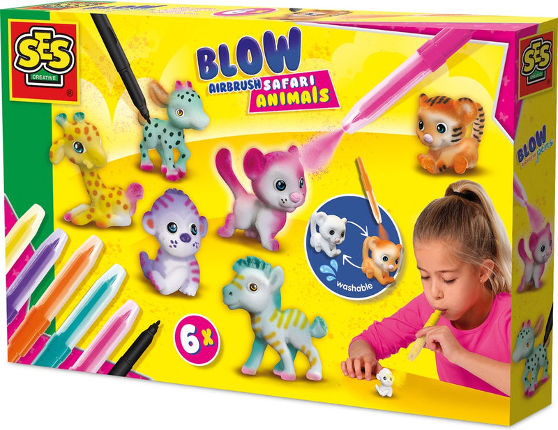 Load image into Gallery viewer, Ses creative - blow airbrush pens - safari dieren - knutselen meisjes - 6 pennen en dieren - herbruikbaar - vanaf 5 jaar