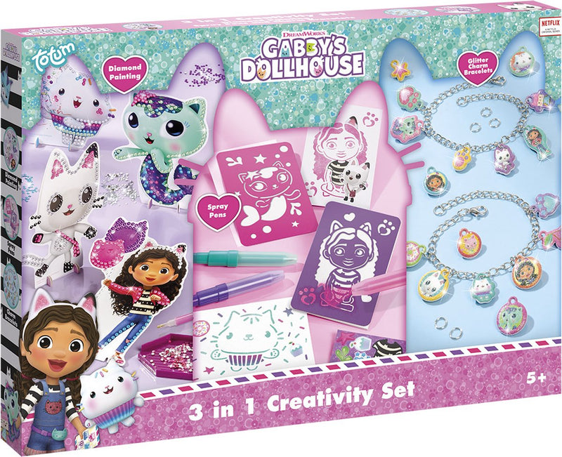 Load image into Gallery viewer, Totum gabby's poppenhuis knutselpakket xl 3 in 1 bedel armbandjes maken speelgoed meisjes, diamond paint, spraypens en sjablonen - gabby's dollhouse cadeautip knutselen creatief speelgoed