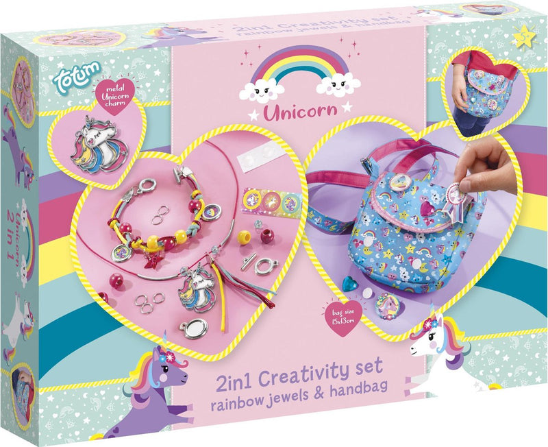 Load image into Gallery viewer, Totum unicorn 2 in 1 knutselset armbandjes maken sieraden en tasje versieren - creatief speelgoed meisjes vanaf 4 jaar cadeau tip knutselen