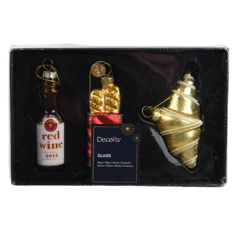 Afbeelding laden in galerijviewer, Decoris kersthanger set francaise vin rouge croissant bagette 3-delig set