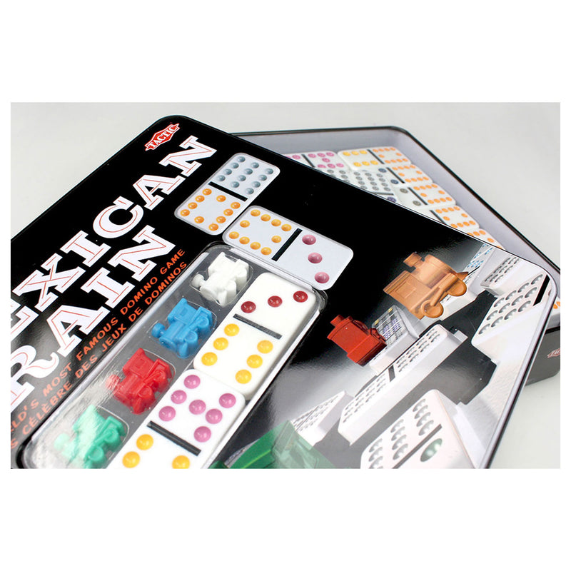 Load image into Gallery viewer, Tactic domino mexican train – bordspel – luxe tin – wereldberoemd dominospel met gekleurde stenen – 2 tot 8 spelers – vanaf 7 jaar