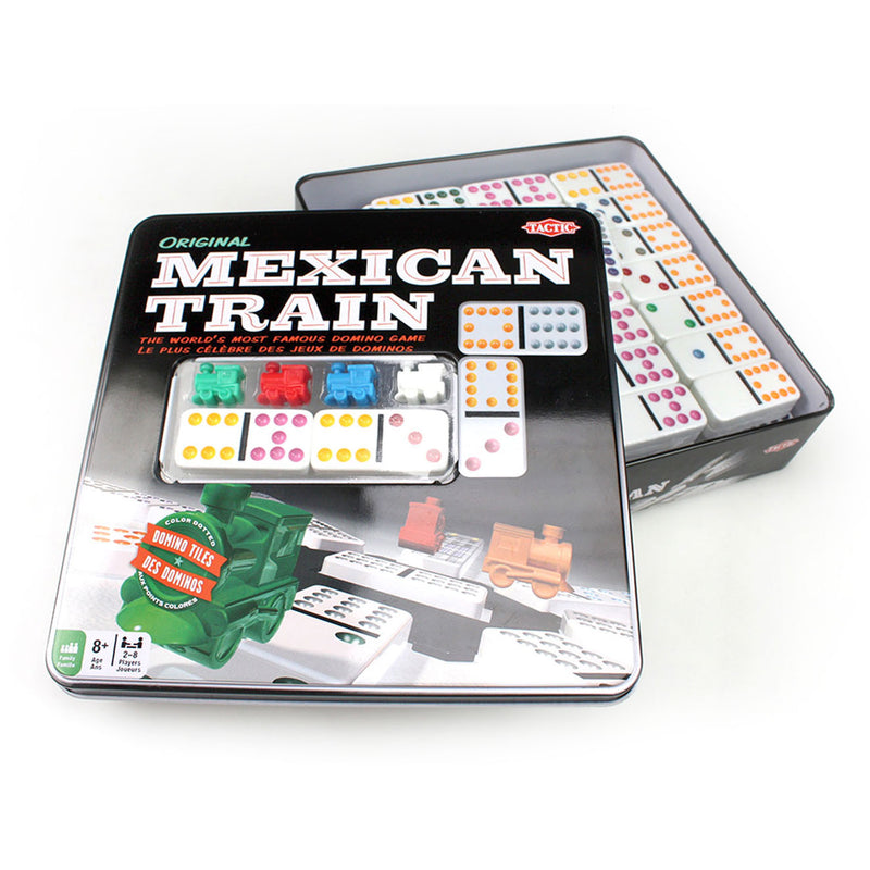 Load image into Gallery viewer, Tactic domino mexican train – bordspel – luxe tin – wereldberoemd dominospel met gekleurde stenen – 2 tot 8 spelers – vanaf 7 jaar