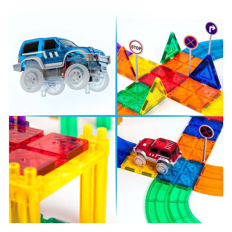 Load image into Gallery viewer, Picasso tiles tactic - constructiespeelgoed - magnetic tiles - magnetische tegels - race track - stem speelgoed - magnetische racebaan met 2 led auto's - 50-delig - vanaf 3 jaar