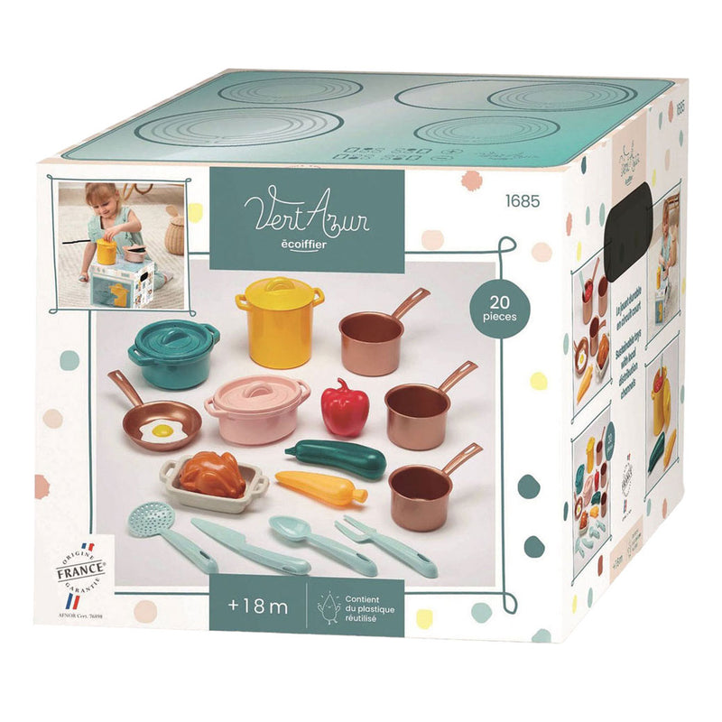 Load image into Gallery viewer, Ecoiffier speelset pannen en speeleten met kartonnen fornuis, 20dlg.