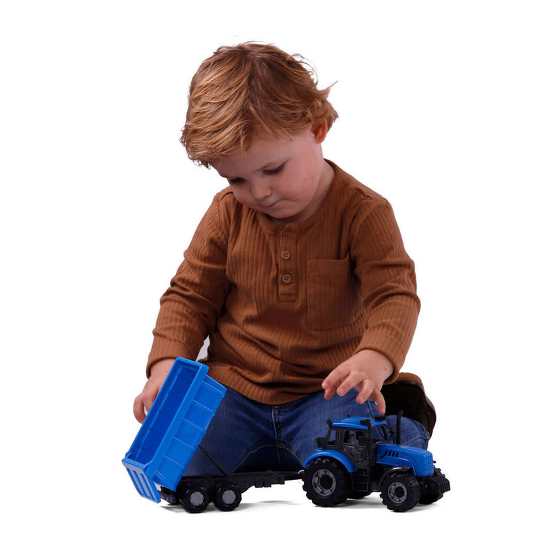 Load image into Gallery viewer, Cavallino tractor met kiepwagen aanhangwagen blauw, schaal 1:32