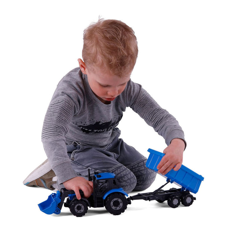 Load image into Gallery viewer, Cavallino tractor met lader en aanhang kiepwagen blauw, schaal 1:32