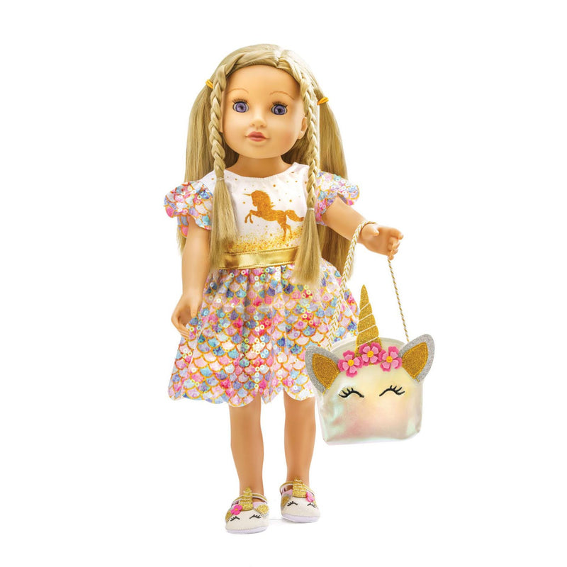 Load image into Gallery viewer, Heless pu-glitzerkleid einhorn goldy,gr.35-45cm