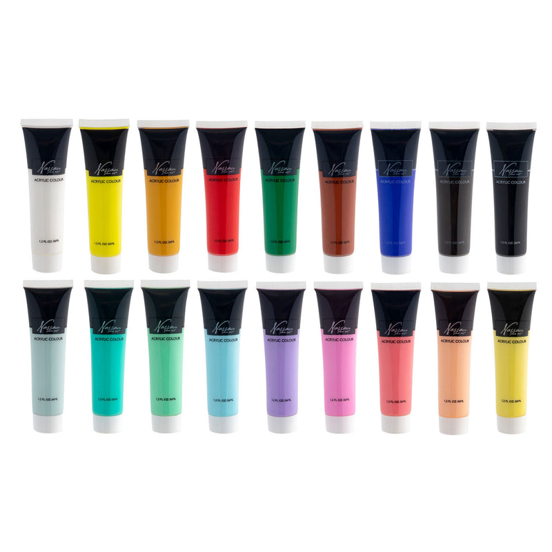 Load image into Gallery viewer, Nassau fine art hobbyverf acrylverf set 18pcs - 36ml verf tubes - acrylverf kinderen en volwassenen - 9 pastel 9 basis kleuren - verf kinderen knutselen - kinder verf set