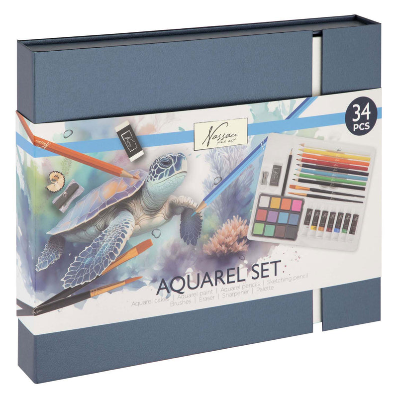 Load image into Gallery viewer, Nassau fine art aquarelverf startersset 34pcs - giftset met aquarelverf napjes, aquarelverf tubes, potloden penselen - hobbyverf voor volwassenen - schilderen voor volwassenen