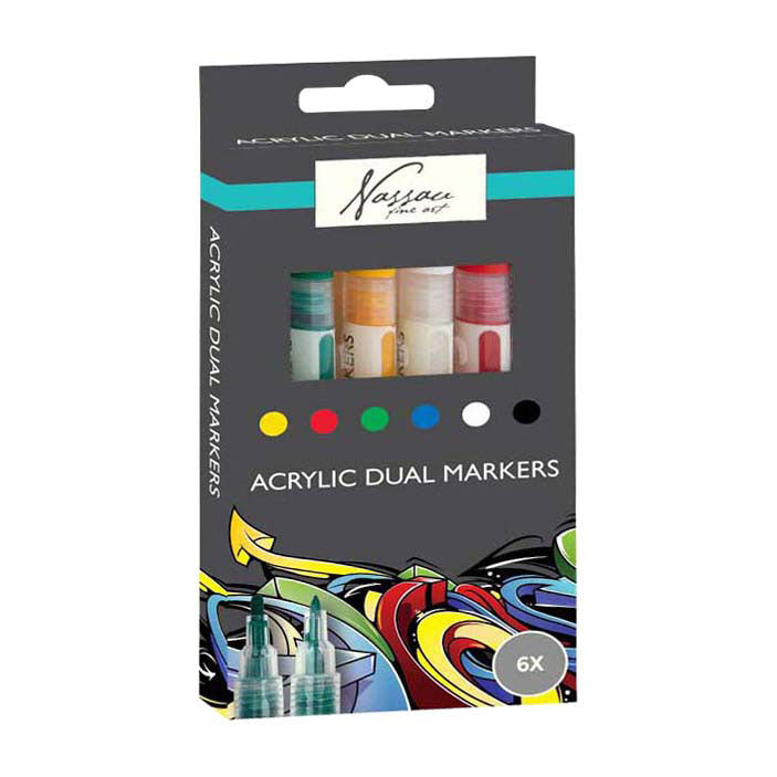 Load image into Gallery viewer, Nassau fine art professionele acrylstiften | 6 verschillende kleuren | doppelmarkers | geschikt voor stenen - schoenen - glas - plastic - hout - kleding