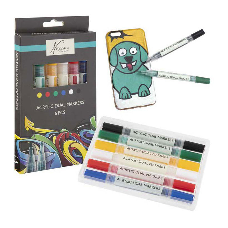 Load image into Gallery viewer, Nassau fine art professionele acrylstiften | 6 verschillende kleuren | doppelmarkers | geschikt voor stenen - schoenen - glas - plastic - hout - kleding