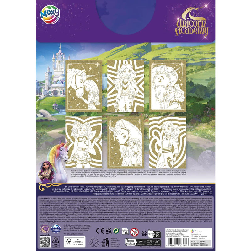 Afbeelding laden in galerijviewer, Moxy unicorn academy glitterpapier kleurplaten a4 - 6 vellen