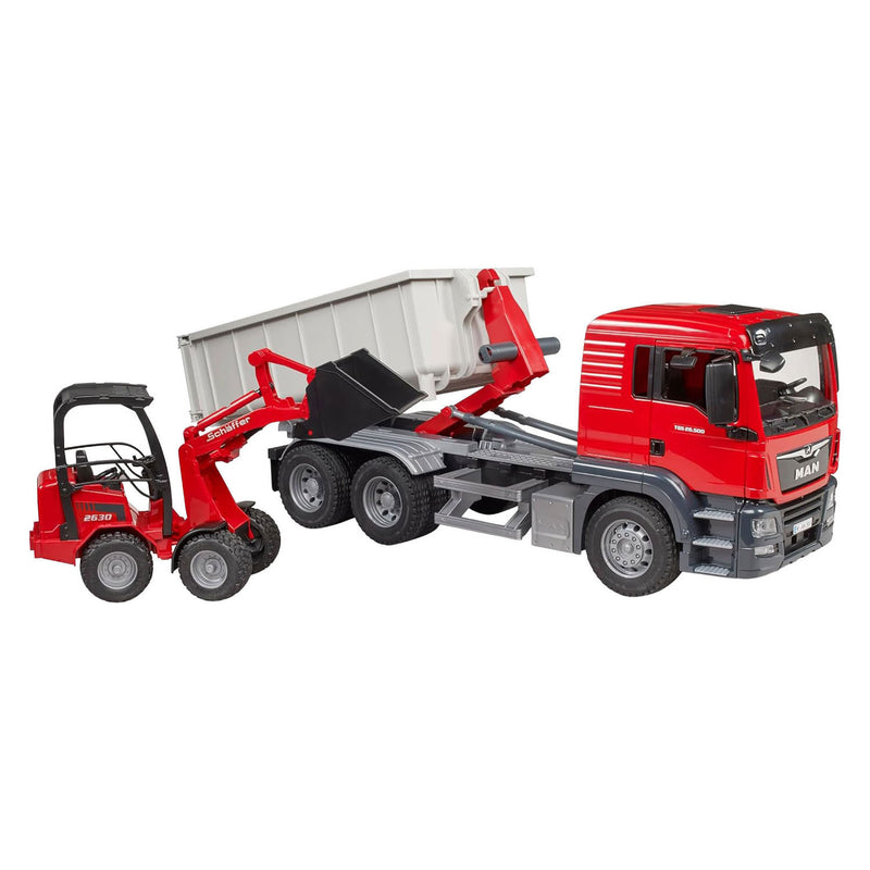 Load image into Gallery viewer, Bruder , miniatuurauto van de man tgs vrachtwagen met container, rood