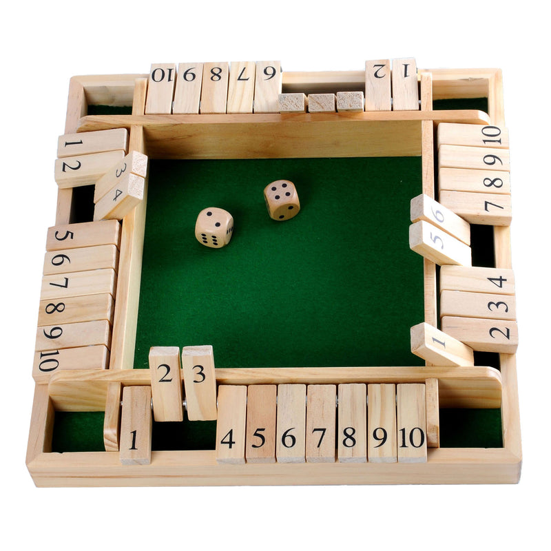 Load image into Gallery viewer, Longfield shut the box – 4 spelers – rubberhouten bak met ingelegd vilt – inclusief 8 houten dobbelstenen – bordspel 29 x 29 x 3,5 cm – strategisch familiespel – engelhart