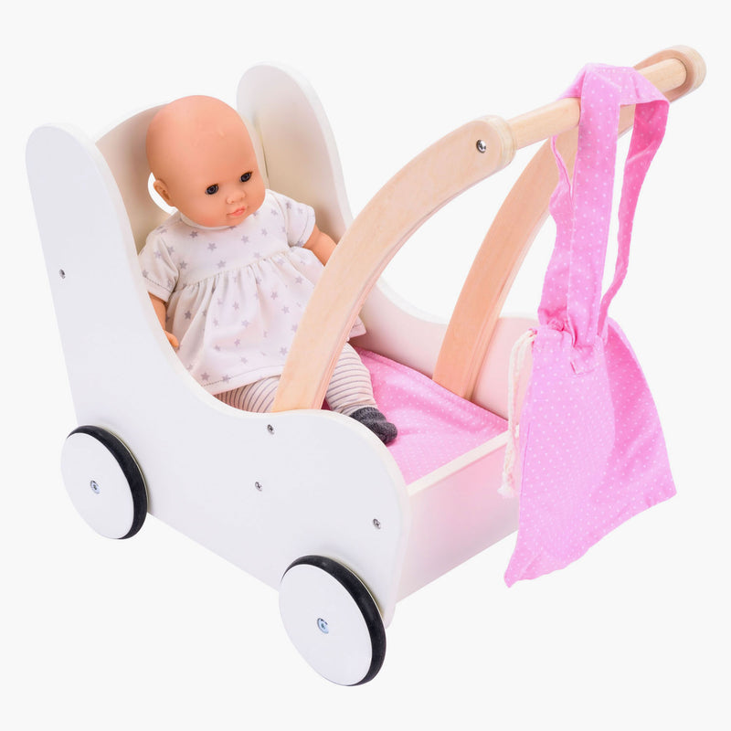 Load image into Gallery viewer, Engelhart poppen loopwagen roze wit – houten poppenwagen met matrasje, dekentje, kussentje opbergtas – geschikt voor alle poppen –
