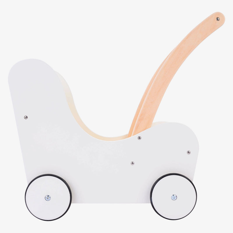 Load image into Gallery viewer, Engelhart poppen loopwagen roze wit – houten poppenwagen met matrasje, dekentje, kussentje opbergtas – geschikt voor alle poppen –