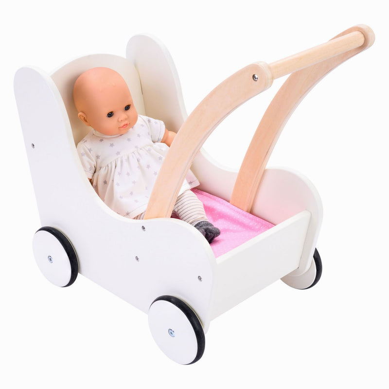Load image into Gallery viewer, Engelhart poppen loopwagen roze wit – houten poppenwagen met matrasje, dekentje, kussentje opbergtas – geschikt voor alle poppen –