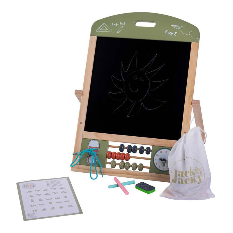 Load image into Gallery viewer, Jack jacky tafel schoolbord whiteboard – multifunctioneel 2-in-1 educatief speelbord – krijt- en magnetisch bord – leerbord met klok telraam – motoriek leren oefenen – inclusief accessoires – engelhart