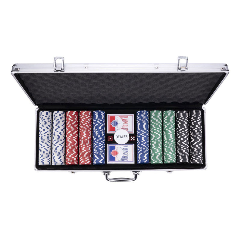 Load image into Gallery viewer, Longfield pokerset in zilveren koffer met 500 chips (11,5 g) – compleet met kaarten, dealer button dobbelstenen – engelhart