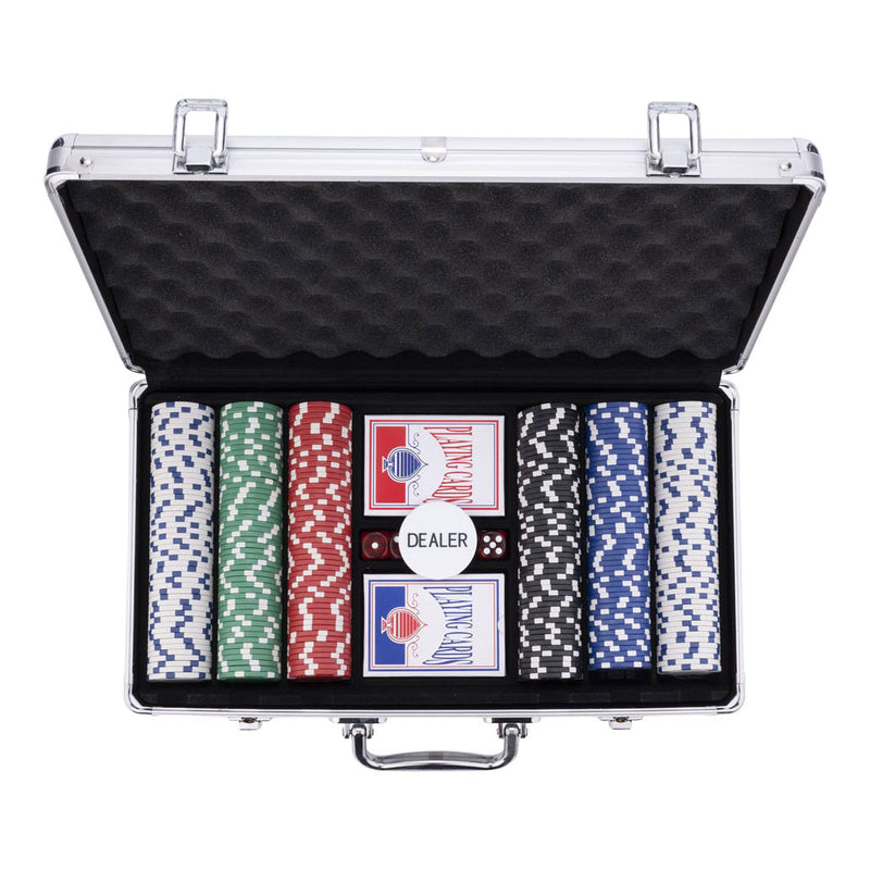 Load image into Gallery viewer, Longfield pokerset in zilveren koffer met 300 chips (11,5 g) – compleet met kaarten, dealer buttons dobbelstenen – engelhart