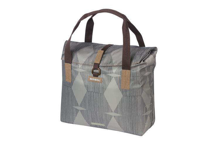 Load image into Gallery viewer, Basil Elegance fietsshopper, Green PET, waterkerende vouwsluiting, gepolsterde hand schouderbanden, 20-26L, taupe