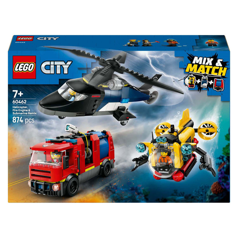 Load image into Gallery viewer, Lego city 60462 helikopter, brandweerauto en onderzeeer remix