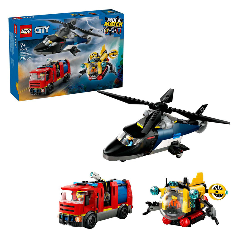Load image into Gallery viewer, Lego city 60462 helikopter, brandweerauto en onderzeeer remix
